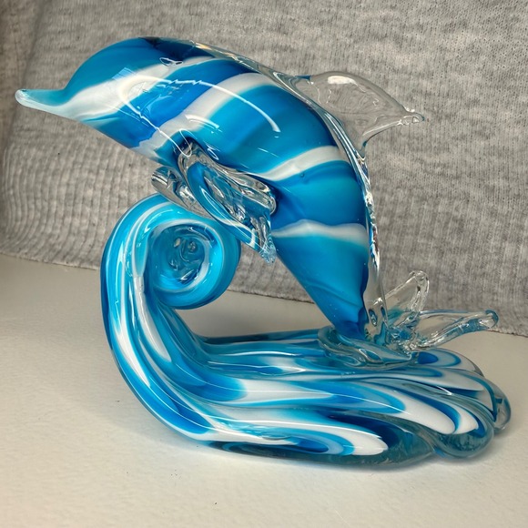 Beachcombers Other - VTG Beachcombers Blue White Swirl Art Glass Dolphin on Wave Figurine Sculpture